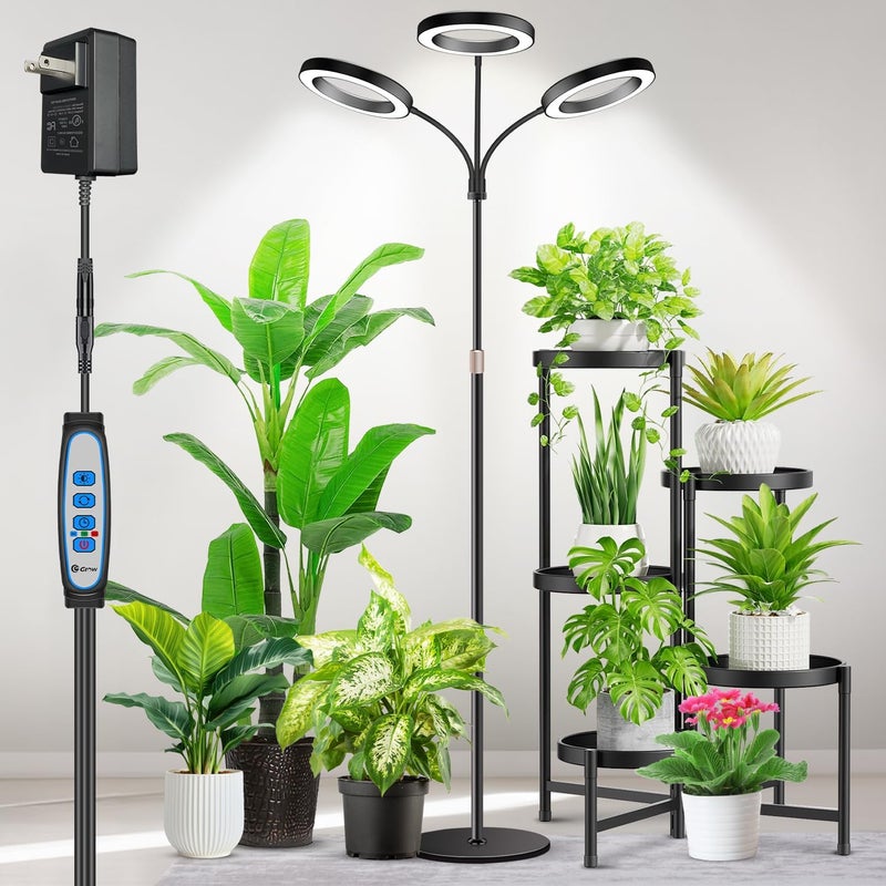 Aumtrly Grow Lights for Indoor Plants, 3 Head Full Spectrum Plant Light with 68" Adjustable Stand for Growing Large Tall Plants, Black Halo Floor LED Grow Lamp with 16 Hour Timer - Image 1